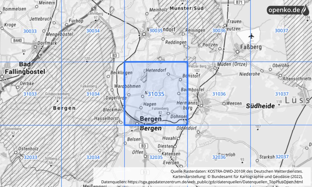 Übersichtskarte KOSTRA-DWD-2010R Rasterfeld Nr. 31035 mit angrenzenden Feldern