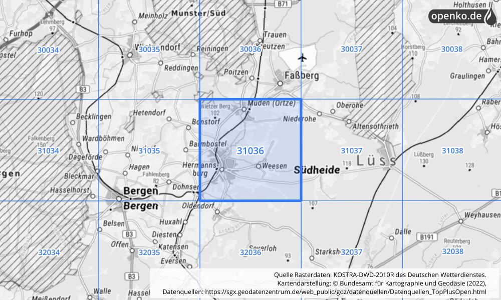 Übersichtskarte KOSTRA-DWD-2010R Rasterfeld Nr. 31036 mit angrenzenden Feldern