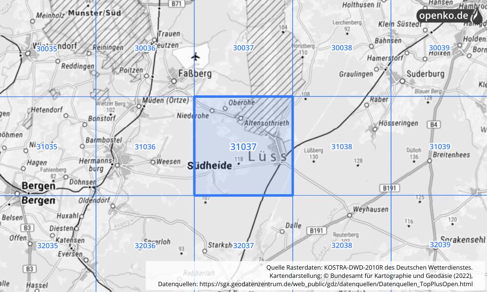 Übersichtskarte KOSTRA-DWD-2010R Rasterfeld Nr. 31037 mit angrenzenden Feldern