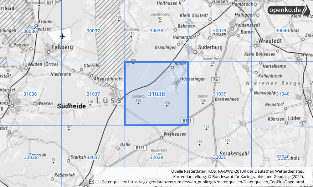 Übersichtskarte KOSTRA-DWD-2010R Rasterfeld Nr. 31038 mit angrenzenden Feldern