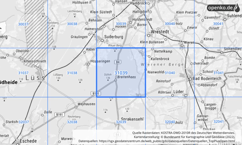 Übersichtskarte KOSTRA-DWD-2010R Rasterfeld Nr. 31039 mit angrenzenden Feldern