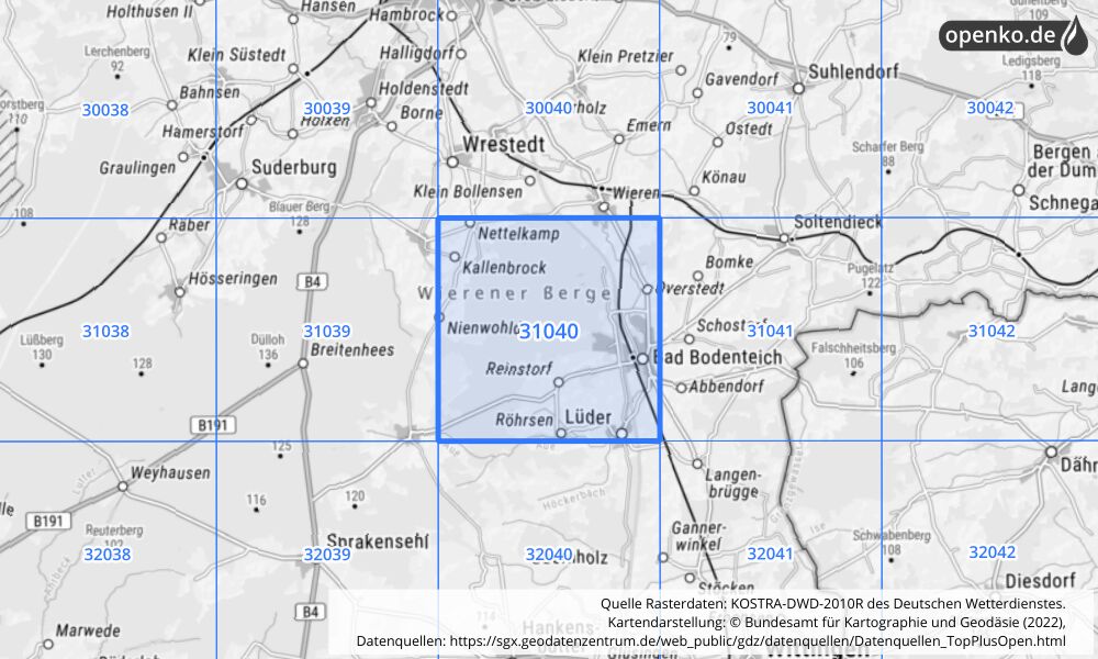 Übersichtskarte KOSTRA-DWD-2010R Rasterfeld Nr. 31040 mit angrenzenden Feldern