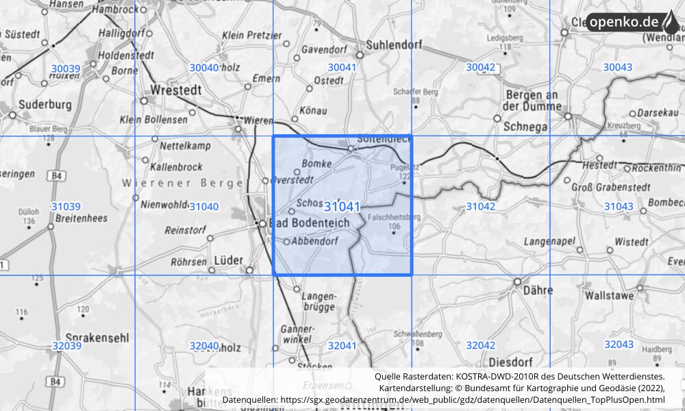 Übersichtskarte KOSTRA-DWD-2010R Rasterfeld Nr. 31041 mit angrenzenden Feldern