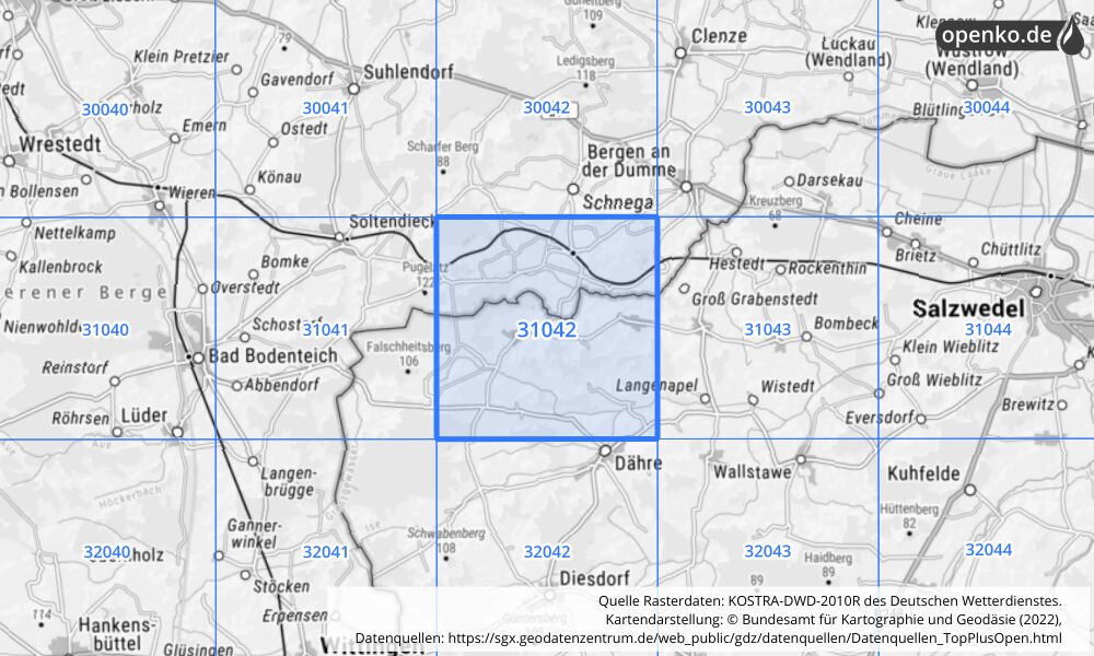 Übersichtskarte KOSTRA-DWD-2010R Rasterfeld Nr. 31042 mit angrenzenden Feldern