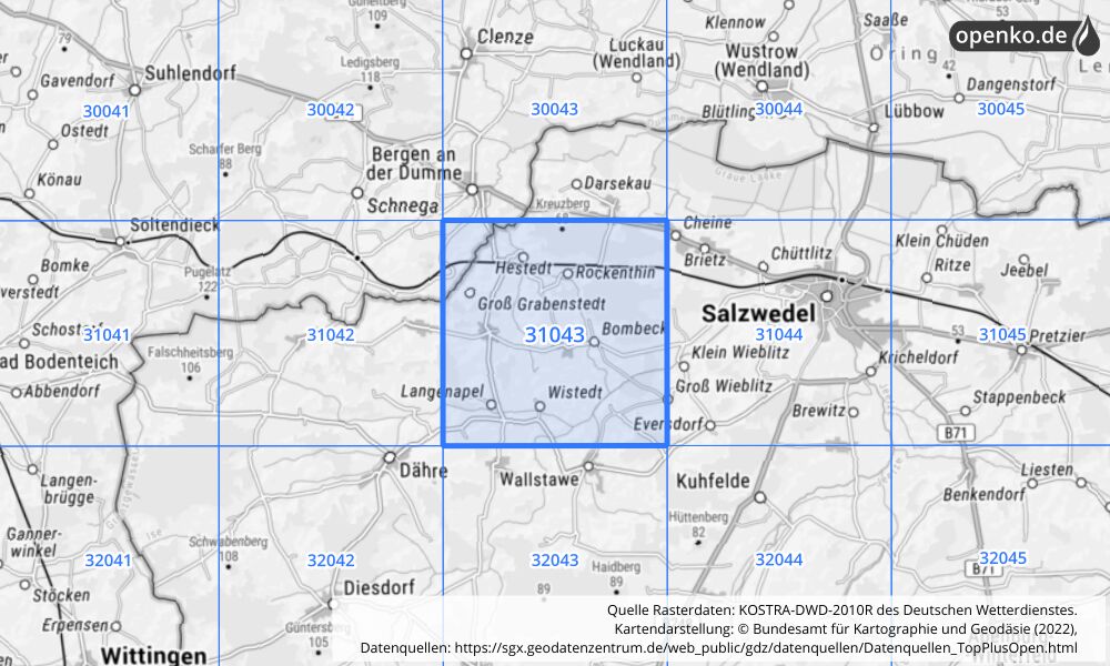 Übersichtskarte KOSTRA-DWD-2010R Rasterfeld Nr. 31043 mit angrenzenden Feldern