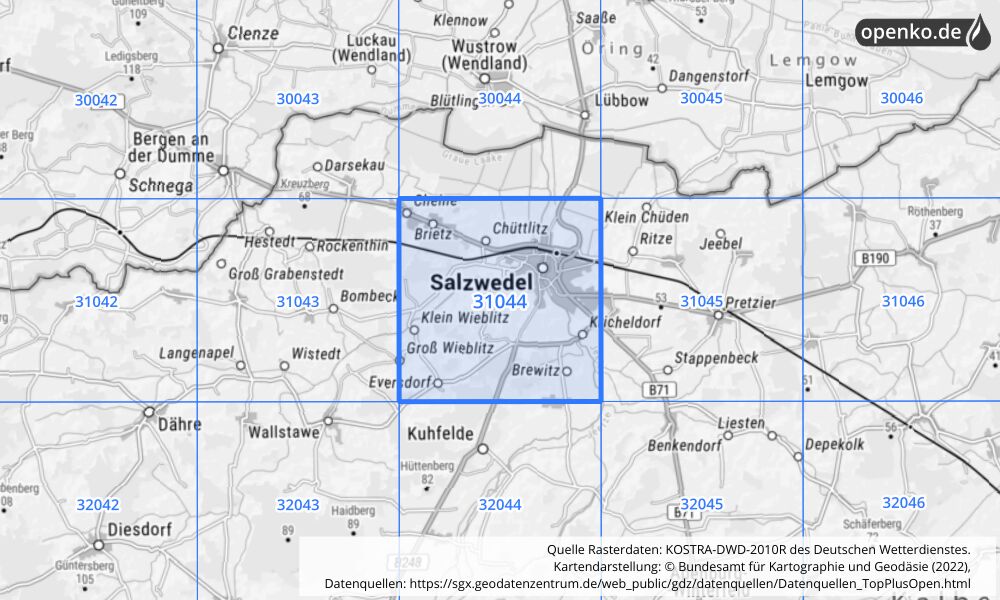 Übersichtskarte KOSTRA-DWD-2010R Rasterfeld Nr. 31044 mit angrenzenden Feldern