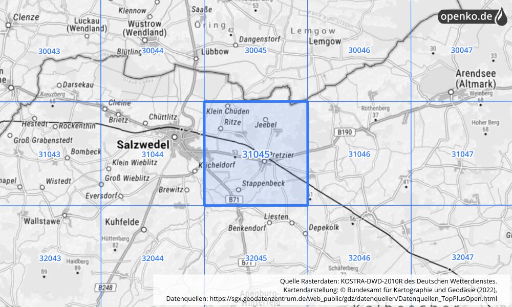 Übersichtskarte KOSTRA-DWD-2010R Rasterfeld Nr. 31045 mit angrenzenden Feldern
