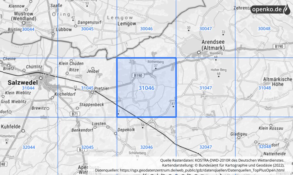 Übersichtskarte KOSTRA-DWD-2010R Rasterfeld Nr. 31046 mit angrenzenden Feldern