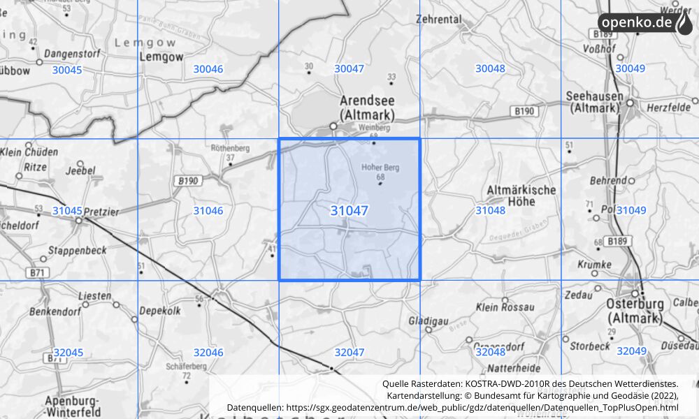 Übersichtskarte KOSTRA-DWD-2010R Rasterfeld Nr. 31047 mit angrenzenden Feldern
