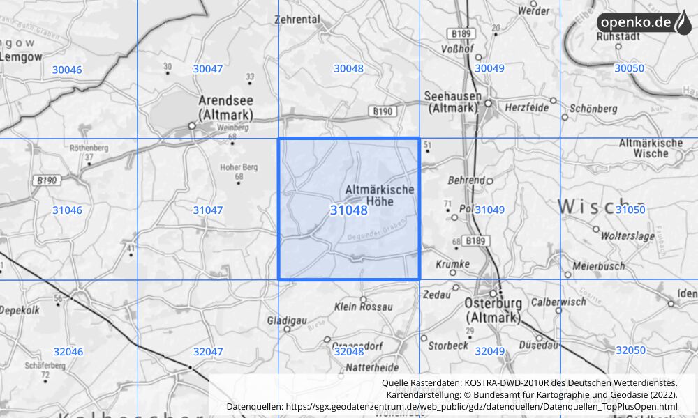 Übersichtskarte KOSTRA-DWD-2010R Rasterfeld Nr. 31048 mit angrenzenden Feldern