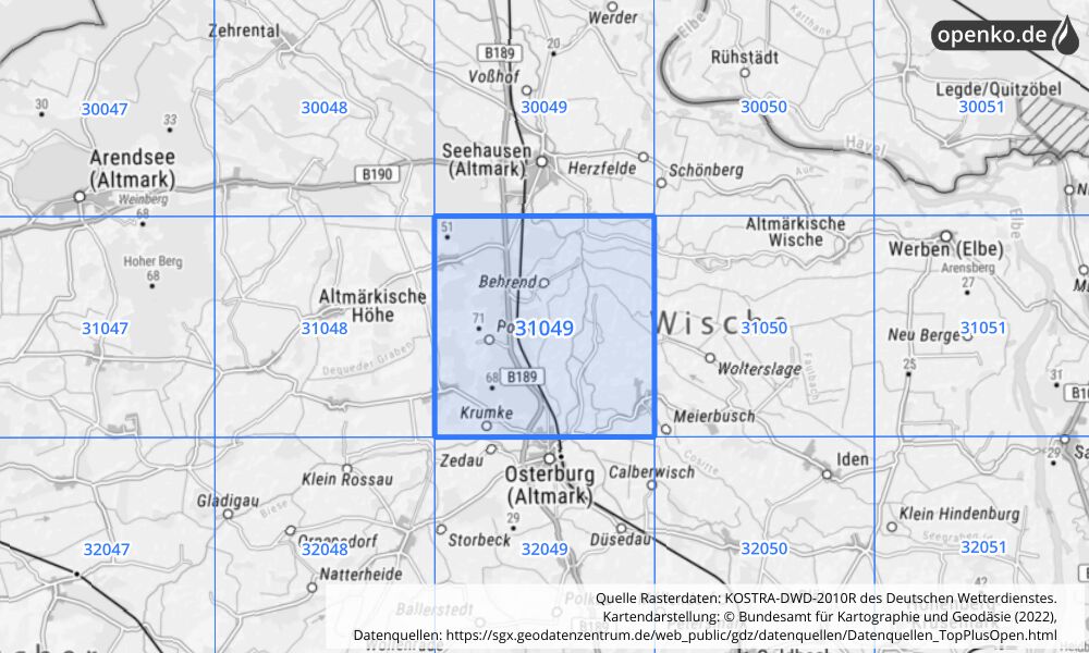 Übersichtskarte KOSTRA-DWD-2010R Rasterfeld Nr. 31049 mit angrenzenden Feldern