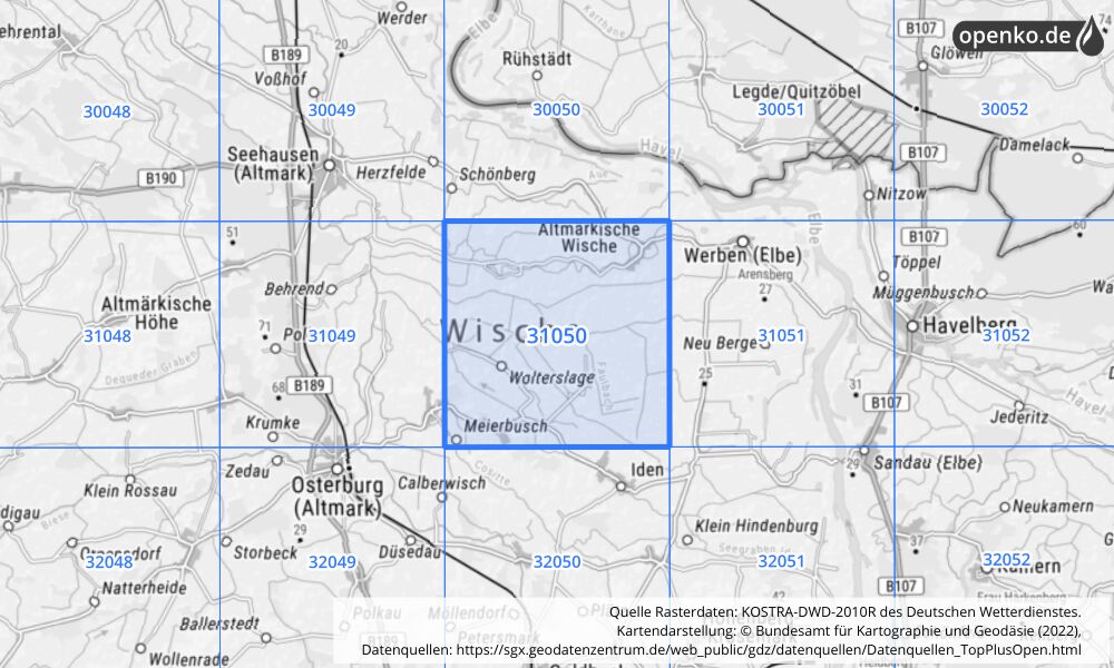 Übersichtskarte KOSTRA-DWD-2010R Rasterfeld Nr. 31050 mit angrenzenden Feldern
