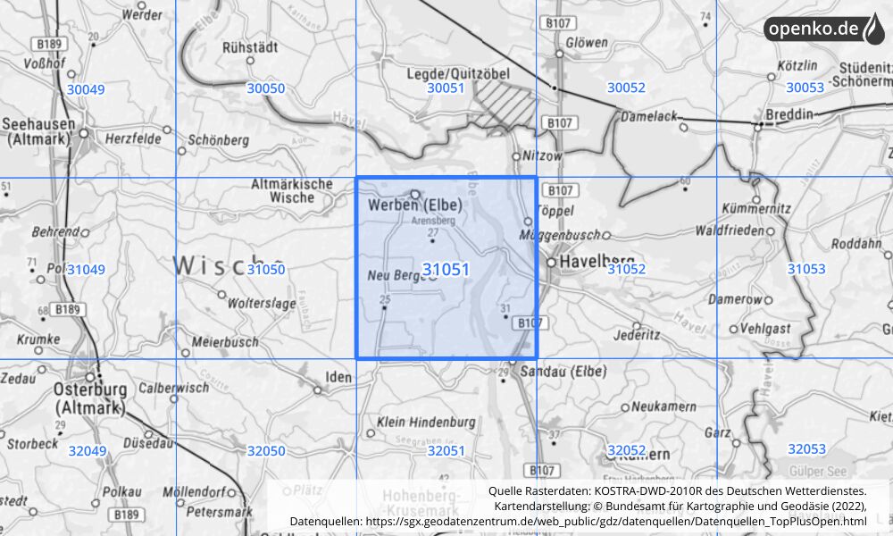 Übersichtskarte KOSTRA-DWD-2010R Rasterfeld Nr. 31051 mit angrenzenden Feldern