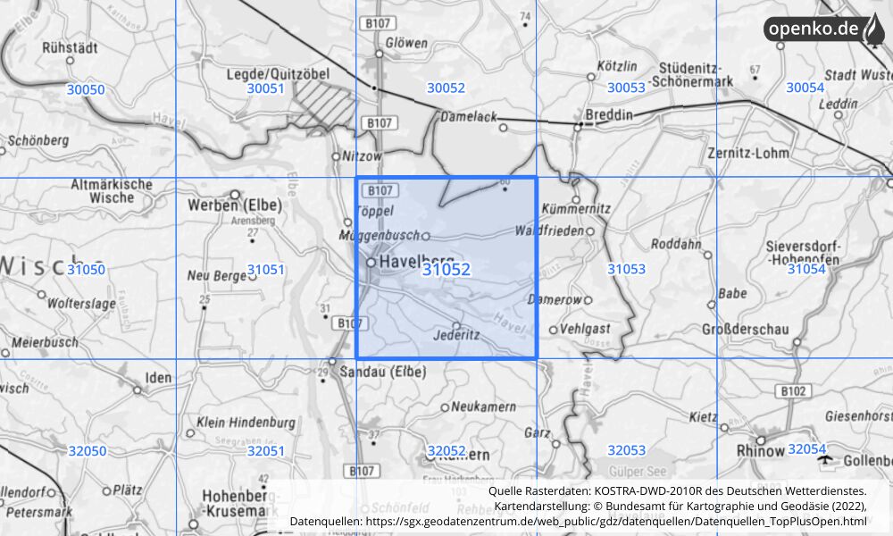 Übersichtskarte KOSTRA-DWD-2010R Rasterfeld Nr. 31052 mit angrenzenden Feldern