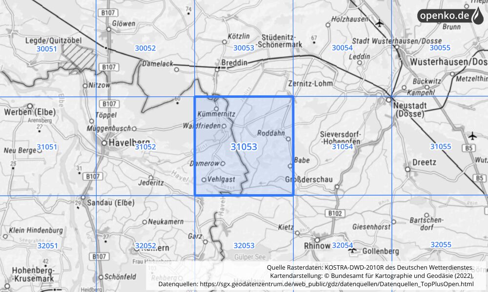 Übersichtskarte KOSTRA-DWD-2010R Rasterfeld Nr. 31053 mit angrenzenden Feldern