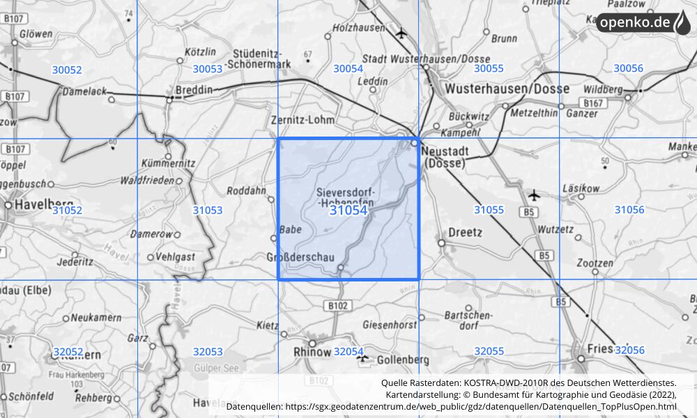 Übersichtskarte KOSTRA-DWD-2010R Rasterfeld Nr. 31054 mit angrenzenden Feldern