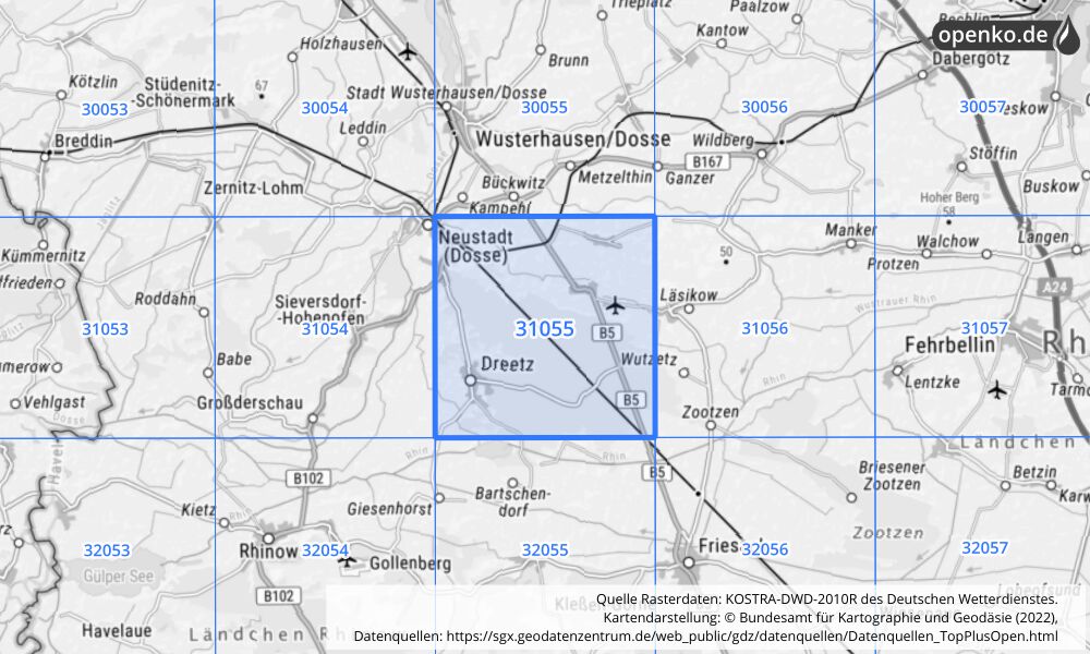 Übersichtskarte KOSTRA-DWD-2010R Rasterfeld Nr. 31055 mit angrenzenden Feldern
