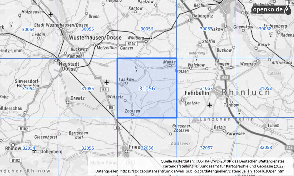 Übersichtskarte KOSTRA-DWD-2010R Rasterfeld Nr. 31056 mit angrenzenden Feldern