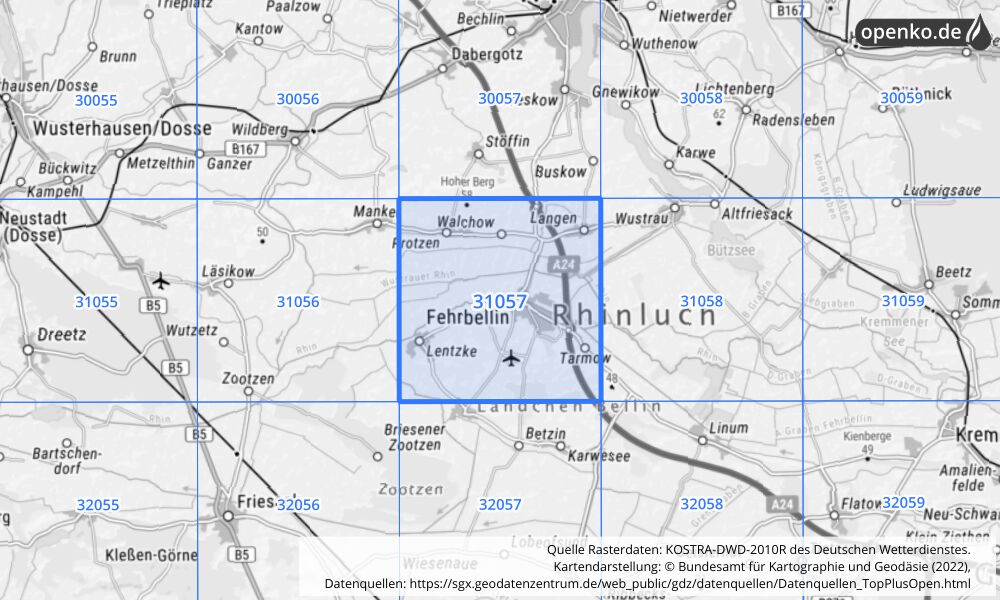 Übersichtskarte KOSTRA-DWD-2010R Rasterfeld Nr. 31057 mit angrenzenden Feldern