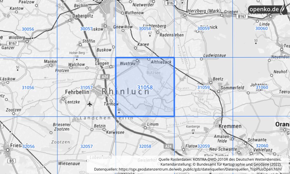 Übersichtskarte KOSTRA-DWD-2010R Rasterfeld Nr. 31058 mit angrenzenden Feldern