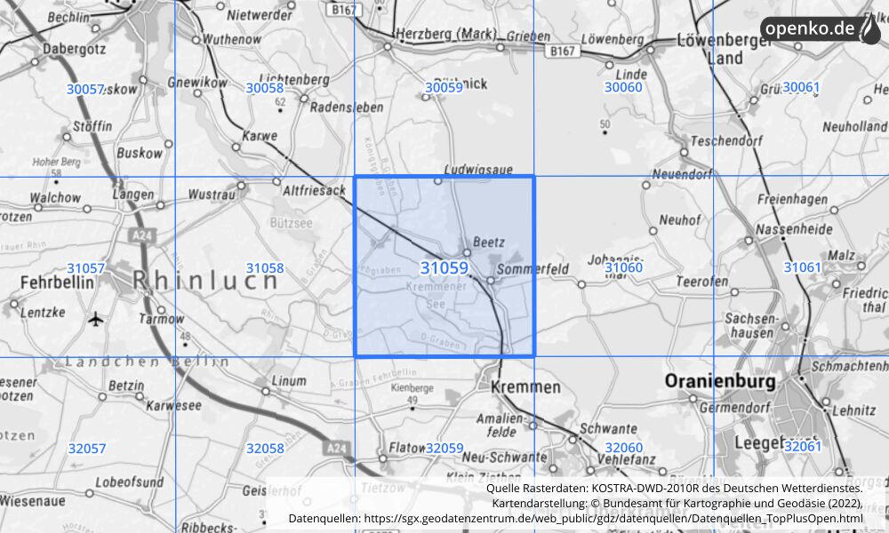 Übersichtskarte KOSTRA-DWD-2010R Rasterfeld Nr. 31059 mit angrenzenden Feldern