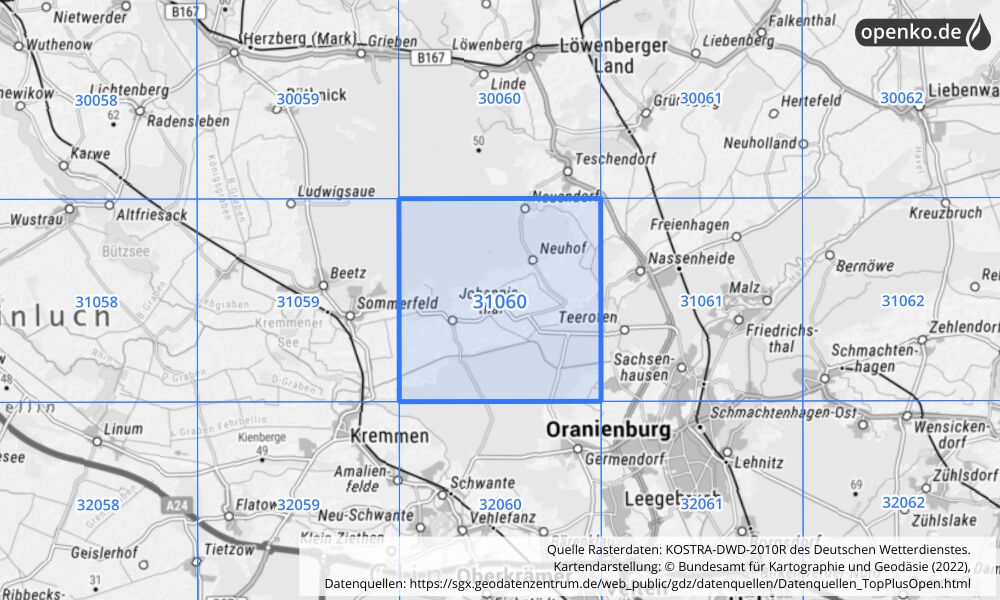 Übersichtskarte KOSTRA-DWD-2010R Rasterfeld Nr. 31060 mit angrenzenden Feldern