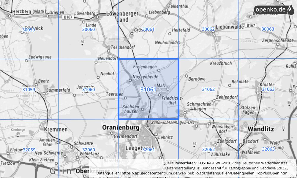 Übersichtskarte KOSTRA-DWD-2010R Rasterfeld Nr. 31061 mit angrenzenden Feldern