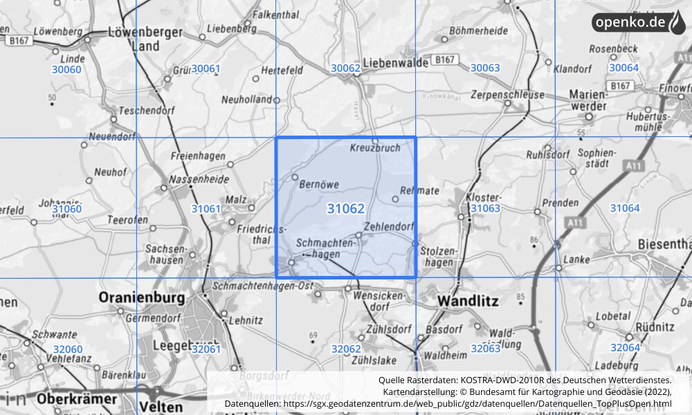 Übersichtskarte KOSTRA-DWD-2010R Rasterfeld Nr. 31062 mit angrenzenden Feldern