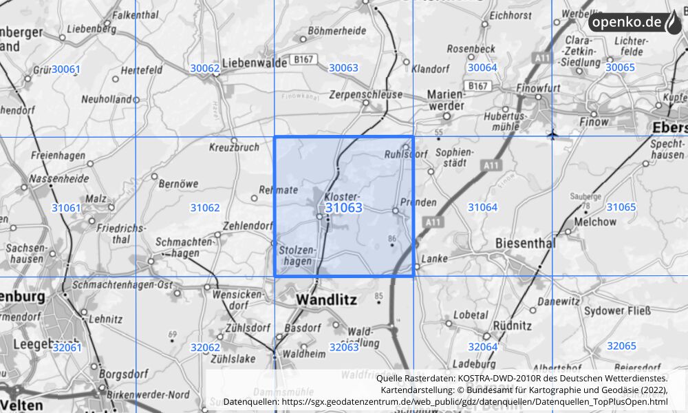 Übersichtskarte KOSTRA-DWD-2010R Rasterfeld Nr. 31063 mit angrenzenden Feldern