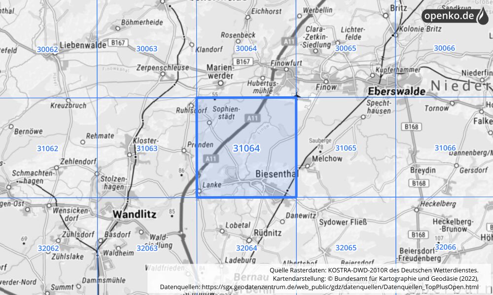 Übersichtskarte KOSTRA-DWD-2010R Rasterfeld Nr. 31064 mit angrenzenden Feldern