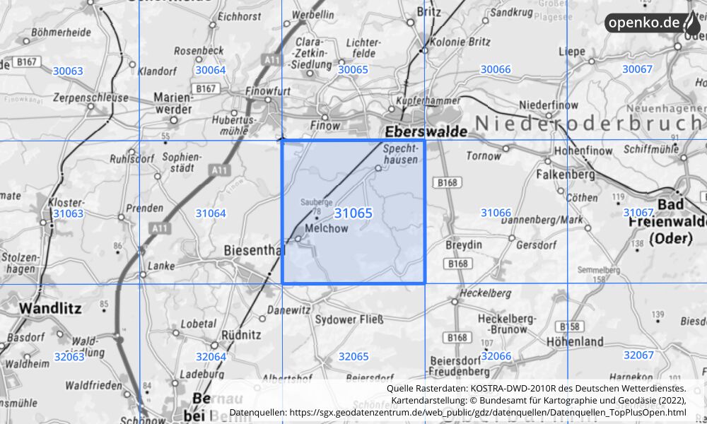 Übersichtskarte KOSTRA-DWD-2010R Rasterfeld Nr. 31065 mit angrenzenden Feldern