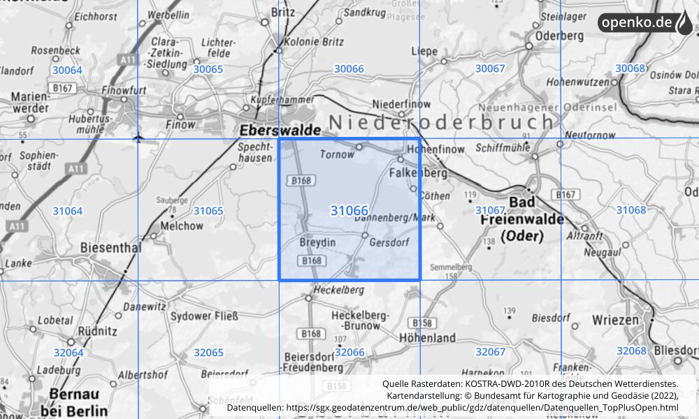 Übersichtskarte KOSTRA-DWD-2010R Rasterfeld Nr. 31066 mit angrenzenden Feldern