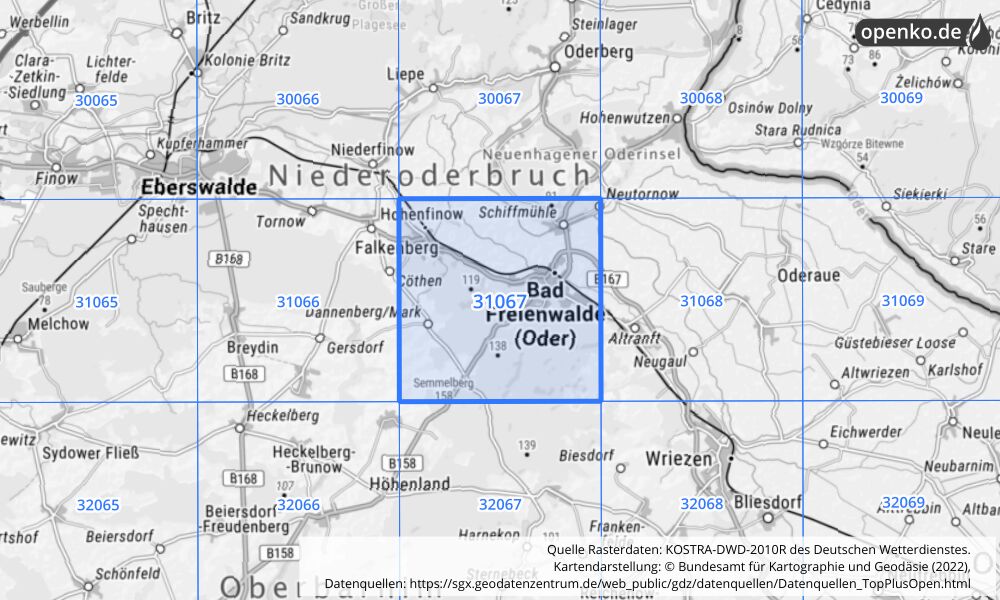 Übersichtskarte KOSTRA-DWD-2010R Rasterfeld Nr. 31067 mit angrenzenden Feldern