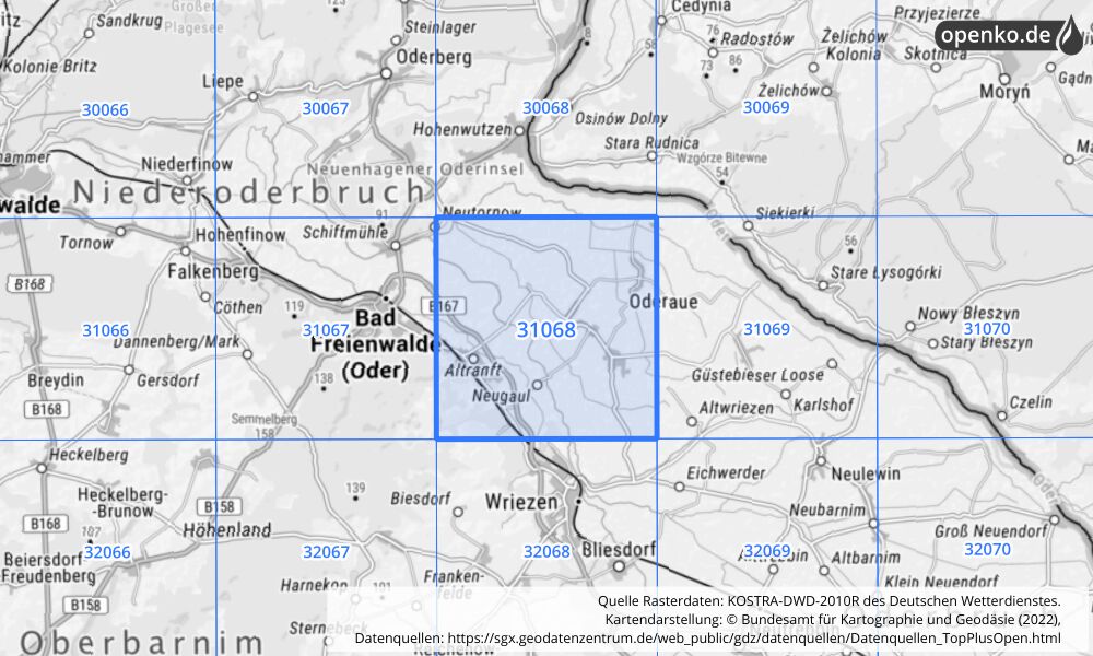 Übersichtskarte KOSTRA-DWD-2010R Rasterfeld Nr. 31068 mit angrenzenden Feldern