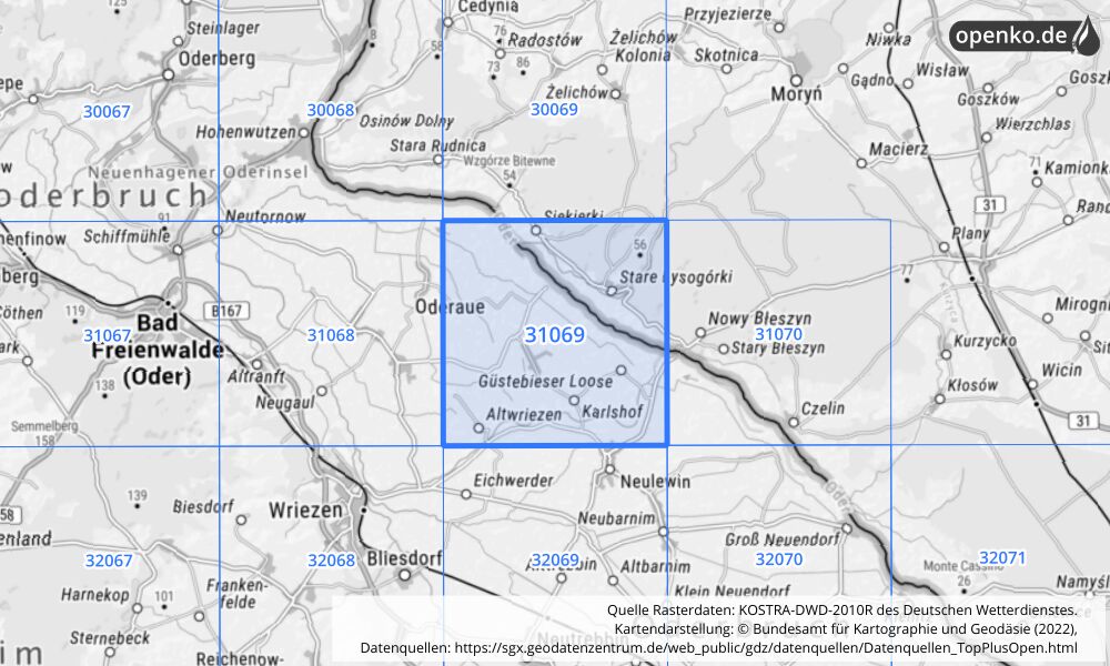 Übersichtskarte KOSTRA-DWD-2010R Rasterfeld Nr. 31069 mit angrenzenden Feldern