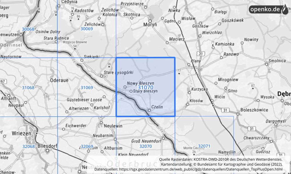 Übersichtskarte KOSTRA-DWD-2010R Rasterfeld Nr. 31070 mit angrenzenden Feldern