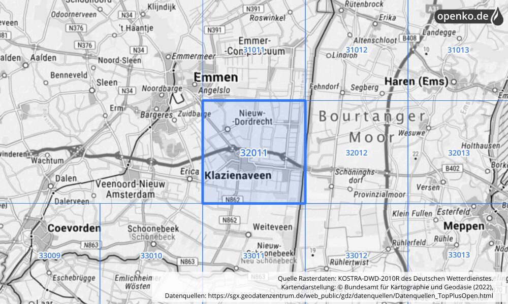 Übersichtskarte KOSTRA-DWD-2010R Rasterfeld Nr. 32011 mit angrenzenden Feldern