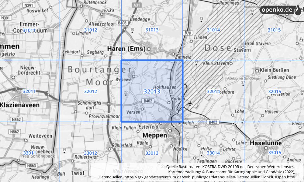 Übersichtskarte KOSTRA-DWD-2010R Rasterfeld Nr. 32013 mit angrenzenden Feldern