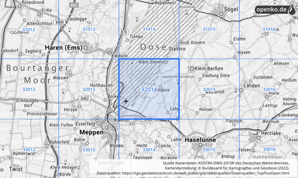 Übersichtskarte KOSTRA-DWD-2010R Rasterfeld Nr. 32014 mit angrenzenden Feldern