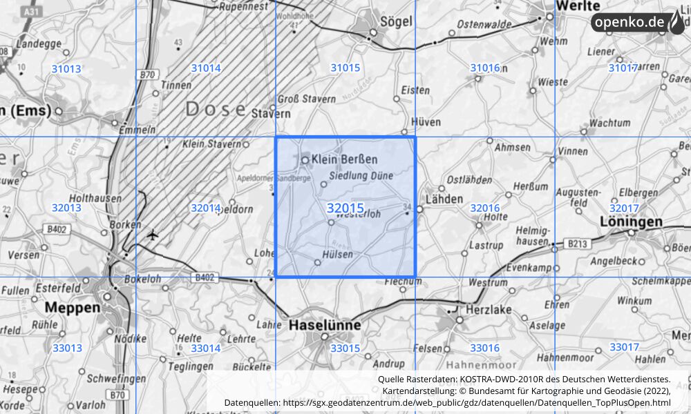 Übersichtskarte KOSTRA-DWD-2010R Rasterfeld Nr. 32015 mit angrenzenden Feldern