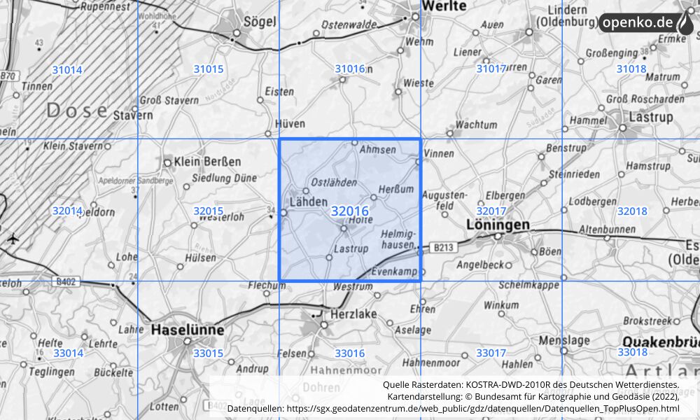 Übersichtskarte KOSTRA-DWD-2010R Rasterfeld Nr. 32016 mit angrenzenden Feldern