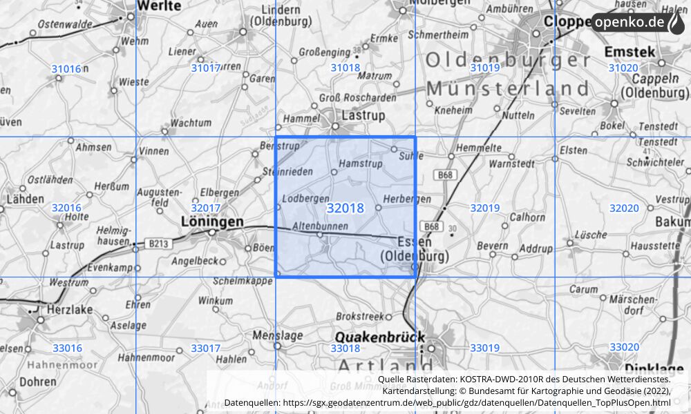 Übersichtskarte KOSTRA-DWD-2010R Rasterfeld Nr. 32018 mit angrenzenden Feldern