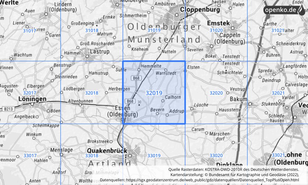 Übersichtskarte KOSTRA-DWD-2010R Rasterfeld Nr. 32019 mit angrenzenden Feldern