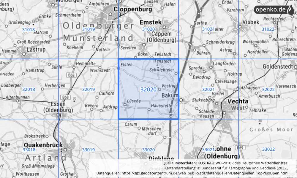 Übersichtskarte KOSTRA-DWD-2010R Rasterfeld Nr. 32020 mit angrenzenden Feldern