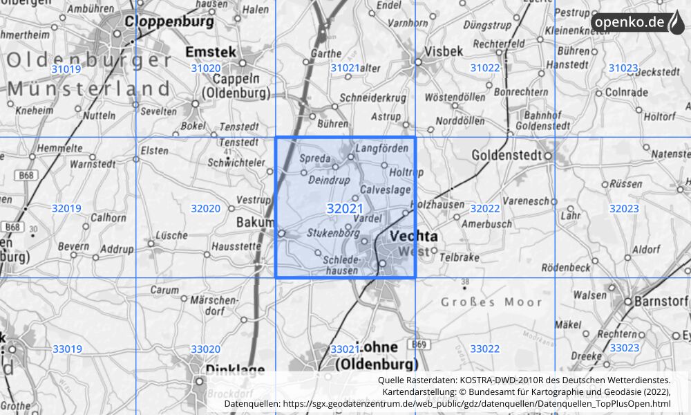 Übersichtskarte KOSTRA-DWD-2010R Rasterfeld Nr. 32021 mit angrenzenden Feldern