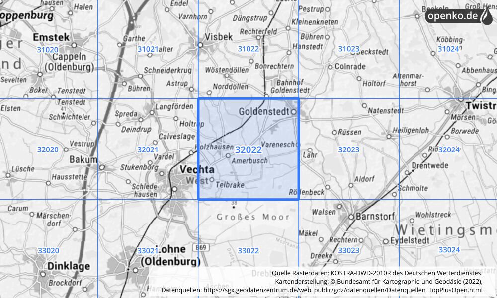 Übersichtskarte KOSTRA-DWD-2010R Rasterfeld Nr. 32022 mit angrenzenden Feldern