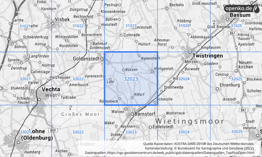 Übersichtskarte KOSTRA-DWD-2010R Rasterfeld Nr. 32023 mit angrenzenden Feldern