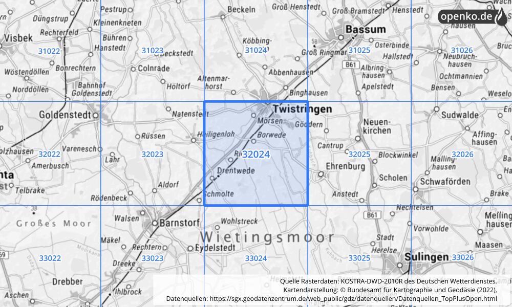 Übersichtskarte KOSTRA-DWD-2010R Rasterfeld Nr. 32024 mit angrenzenden Feldern