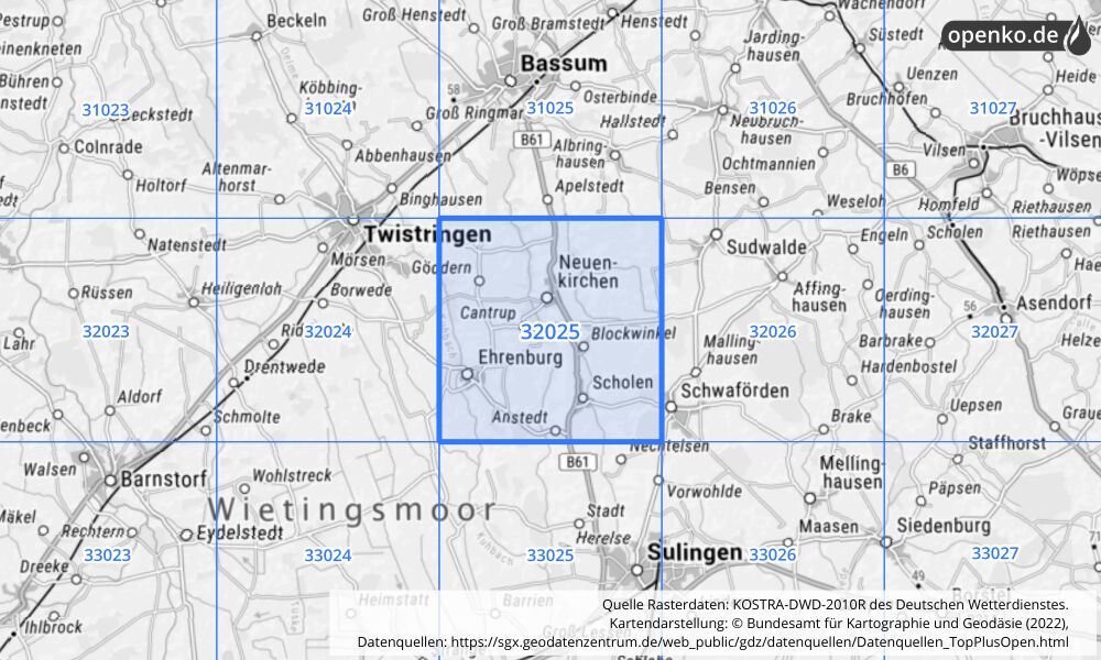 Übersichtskarte KOSTRA-DWD-2010R Rasterfeld Nr. 32025 mit angrenzenden Feldern