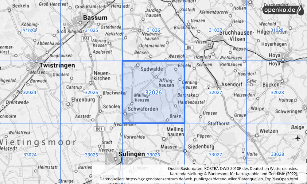 Übersichtskarte KOSTRA-DWD-2010R Rasterfeld Nr. 32026 mit angrenzenden Feldern